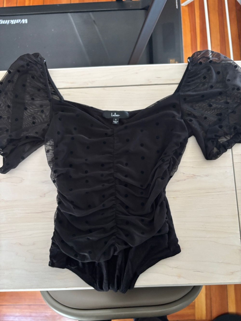 Lulu's Black Polka Dot Ruched Puff Sleeve Bodysuit